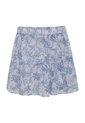 Ljusblå blommig kjol med en avslappnad passform, tillverkad av mjukt tyg. Den har en rynkad midja och en tärnad design med delikata blommönster.