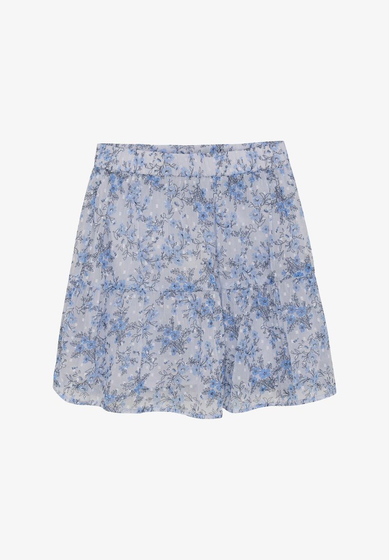 Lichtblauwe bloemenrok met een relaxte pasvorm, gemaakt van zachte stof. Het heeft een gegatherde tailleband en een gelaagd ontwerp met delicate bloemenpatronen.