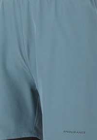 Herren-Shorts, hellblau, aus feuchtigkeitsableitendem Material, mit elastischem Bund, einem aufgedruckten Logo nahe dem Saum und glatter Textur.