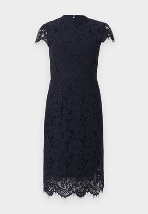 Abito in pizzo navy con maniche corte, motivo floreale, collo alto e orlo scallop. Realizzato in un tessuto di pizzo testurizzato, silhouette aderente.