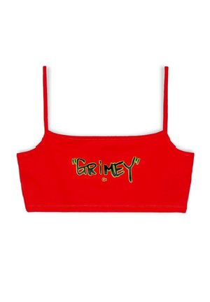 Rød cropped tanktop med tynde stropper og ordet "GRIMEY" i fed graffiti-stil tekst centreret foran.