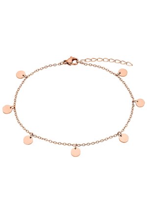 Zarter Armband aus Roségold mit sieben kleinen runden Anhängern, gleichmäßig verteilt, und einem Karabinerverschluss mit verstellbarer Verlängerungskette.