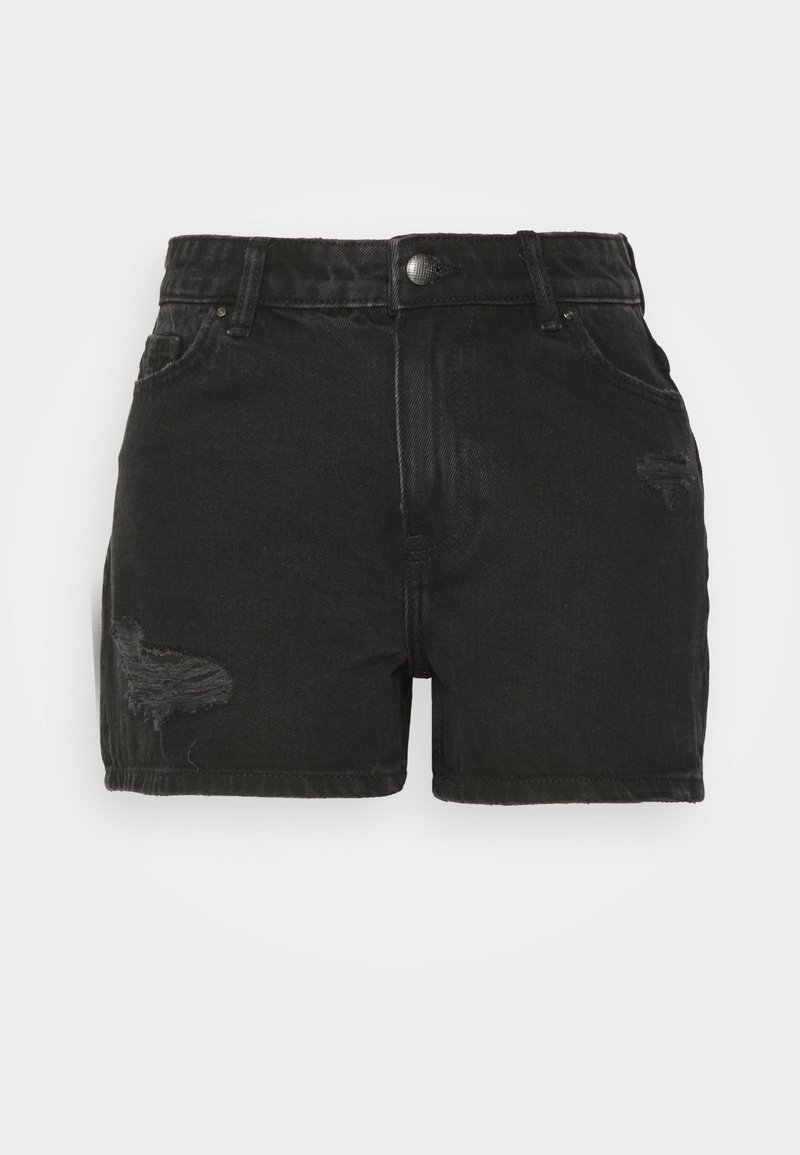 Short en denim noir avec poches avant, passants de ceinture, fermeture par bouton et détails usés sur les côtés avant.
