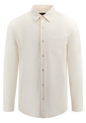 Camicia button-up a maniche lunghe in bianco sporco, con colletto classico, taschino singolo sul petto e una texture di tessuto liscia con una vestibilità sagomata.
