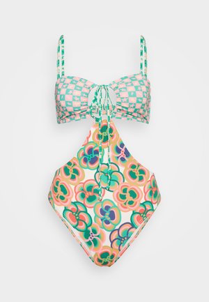 Ensemble de bikini avec un haut à motif damier rose et vert, bretelles réglables, et un bas à imprimé floral aux couleurs vives, en matière douce.