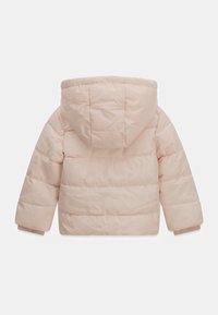 Gepolsterte, kapuzenbewehrte Jacke in zartem Rosa mit horizontalem Steppmuster, elastischen Bündchen und dezentem Glanz im Stoff. Rückansicht dargestellt.
