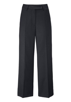 Schwarze weit geschnittene Hose aus glattem Stoff, mit einem klassischen Taillenbund und einem Knopf, scharfen Falten und einem maßgeschneiderten Design.