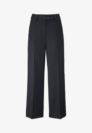 Schwarze weit geschnittene Hose aus glattem Stoff, mit einem klassischen Taillenbund und einem Knopf, scharfen Falten und einem maßgeschneiderten Design.