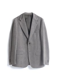 Blazer a cuadros grises con un diseño estructurado, solapas con muesca, cierre de dos botones y dos bolsillos frontales. Tejido suave y texturizado.