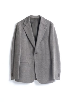Blazer a cuadros grises con un diseño estructurado, solapas con muesca, cierre de dos botones y dos bolsillos frontales. Tejido suave y texturizado.