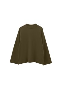 Zielonooliwkowy, długi rękaw bluza wykonana z miękkiego materiału. Posiada okrągły dekolt i luźny krój z lekko zaokrąglonym dołem.