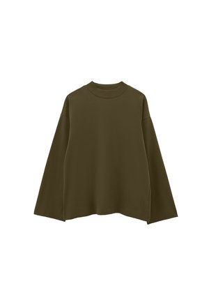 Olijfgroene sweatshirt met lange mouwen, gemaakt van zachte stof. Heeft een ronde halslijn en een ontspannen pasvorm met een licht gebogen zoom.