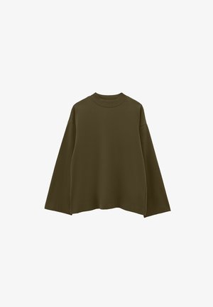 Olive green, long-sleeve sweatshirt made of soft fabric. Features a rounded neckline and a relaxed fit with a slightly curved hem.