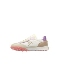 Sneakers featuring a white leather body with light purple and beige accents, a pink dotted outsole, and a skull and crossbones logo.