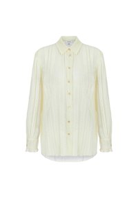 Chemise crème à manches longues avec boutons, dotée d'un design texturé côtelé et de boutons dorés. Présente un col pointu et des poignets froncés.