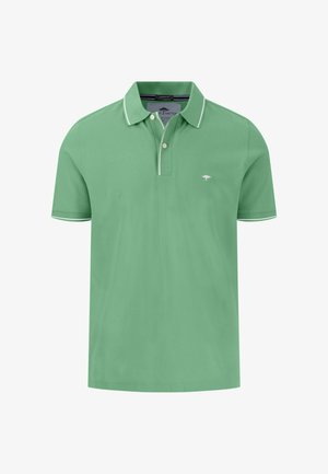 Polo tričko s krátkym rukávom v svetlozelenej farbe z bavlny, s dvomi gombíkmi na zapínaní, bielym zakončením na golieri a rukávoch, a malým logom na hrudi.