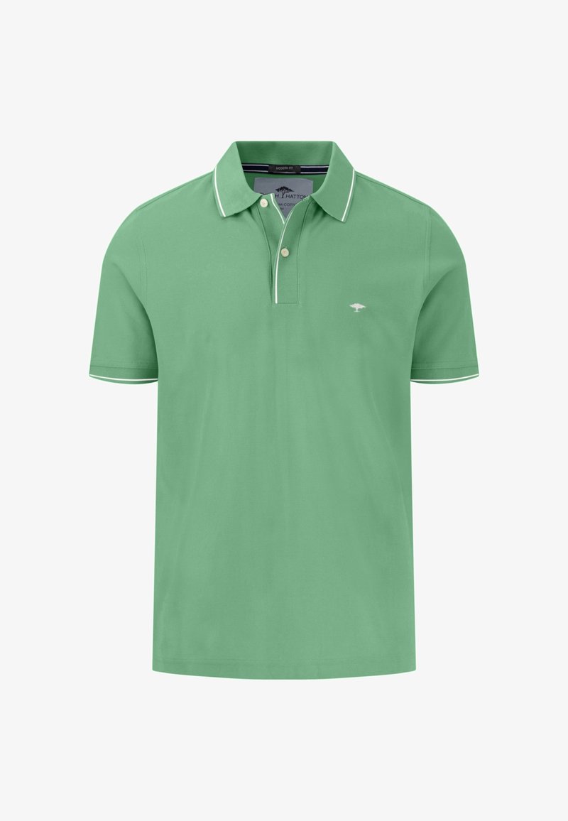 Rövid ujjú pólóing világoszöld pamutból, két gombos kivágással, fehér díszítéssel a galléron és az ujjakon, valamint egy kis logóval a mellen.