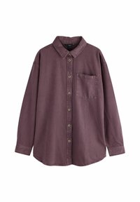 Košulja dugih rukava s dugmadima u umirenoj boji mauve, izrađena od mekog materijala, s jednim džepom na prsima i klasičnim dizajnom ovratnika.