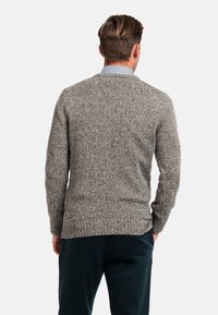 Gebreide trui in een mix van beige en bruin tinten, met een gestructureerd patroon en ribbelrand, gedragen over een overhemd met kraag.