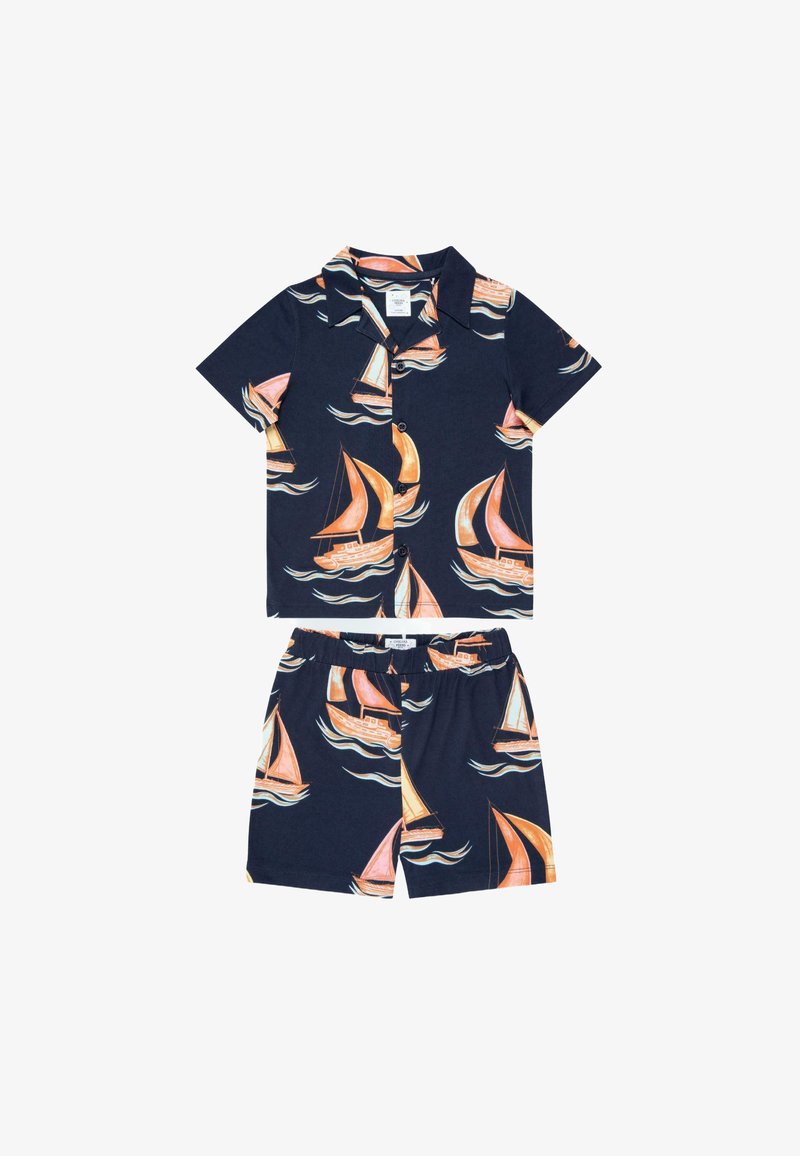 Navy blue cotton two-piece set featuring a short-sleeve collared shirt and shorts. The fabric displays a print of colorful sailboats and waves.