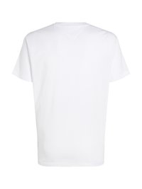 Hvid kortærmet T-shirt lavet af bomuld. Har en rund halsudskæring og en lige kant med en simpel, glat tekstur. Ingen synlige mønstre eller tryk.