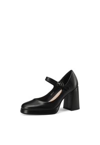 Scarpa Mary Jane nera in pelle con tacco a blocco, cinturino largo, fibbia circolare, punta arrotondata e superficie liscia. Design accogliente, tacco di 10 cm.