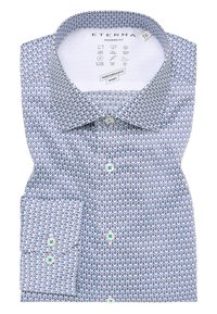 Eterna modern fit shirt, bedekt met een blauw-wit druppelpatter, heeft een spreidkraag, knoopsluiting aan de voorkant en verstelbare manchetten. Zachte stof.
