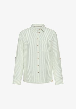 Langærmet skjorte med knapper, med tynde lodrette grå striber på hvidt stof, brystlomme og brune knapper foran og på ærmerne.