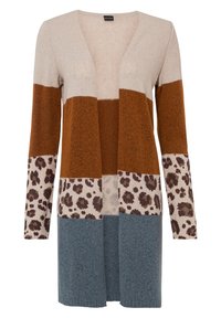 Stickad kofta med V-hals, prydd med block av beige, rost, leopardmönster och ljusblått. Långa ärmar och öppen framdesign.