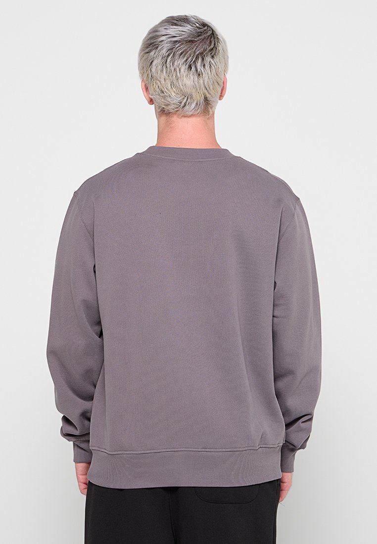 Grauer Pullover mit geripptem Rundhalsausschnitt, langen Ärmeln und elastischen Bündchen. Glatte Textur und lockere Passform, die eine einfarbige Optik zeigt.