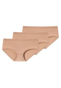 Pack of three seamless, nude underwear. Made of soft fabric with a smooth finish. Each piece features a waistline band and full coverage design.