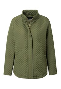 Olijfgroene gewatteerde jas met een staande kraag, voorzien van een ritssluiting, een chevronpatroon en twee zijzakken met ringpulls.