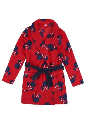 Bata de fleecia roja con diseños de Mickey Mouse en azul y blanco con lunares. Incluye dos bolsillos y un cinturón a juego.