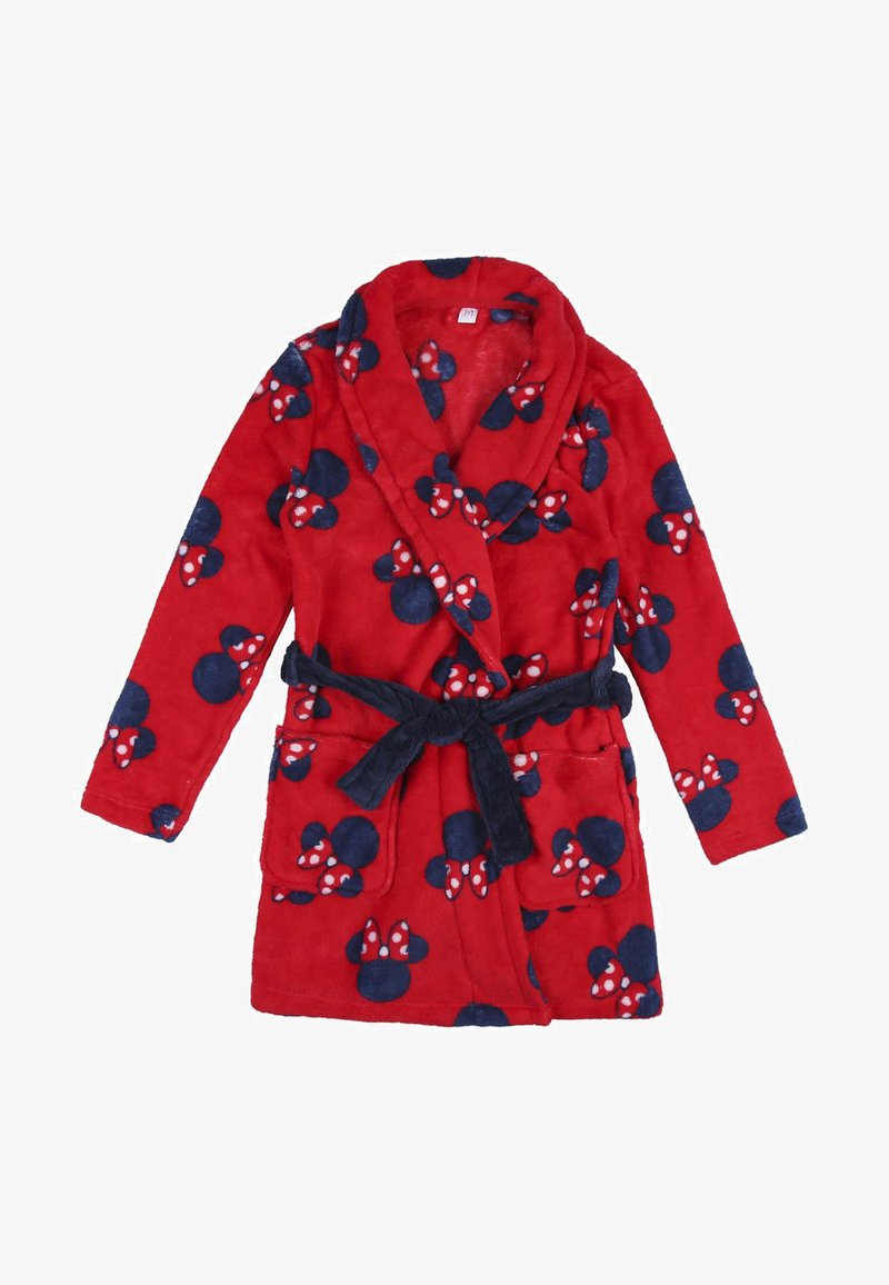 Accappatoio in pile rosso con motivi di Topolino blu e bianchi a pois. Include due tasche e una cintura coordinata.