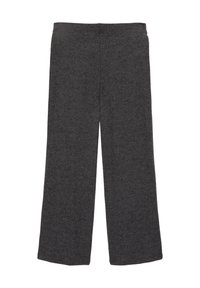 Pantalons gris à large jambe en tissu doux, présentant une texture lisse et une taille élastique. Aucun motif ou accent visible.