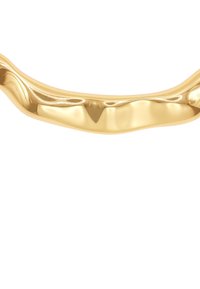 Goldfarbener, glatter Metallgriff mit wellenförmigem Design. Die reflektierende Oberfläche betont die Konturen und die Form, ideal für den Einsatz an Türen oder Schränken.