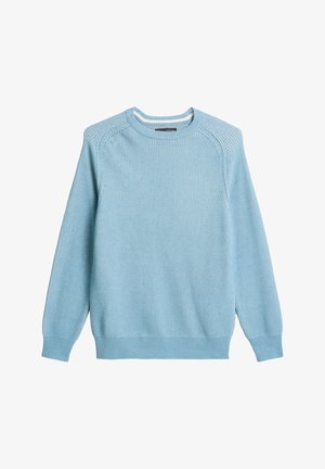 Hellblauer Strickpullover mit strukturiertem Muster, geripptem Ausschnitt und Ärmelbündchen. Verfügt über Raglanärmel und einen geraden Saum.