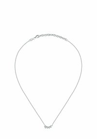 Silberne Halskette mit einer filigranen Kette und einem geschwungenen Anhänger, der mit kleinen, klaren Edelsteinen im Blattmotiv geschmückt ist.