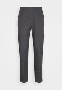 Chinos gris foncé à coupe droite, fabriqués en tissu mélange de coton lisse. Comprend des poches avant et une taille au design épuré.