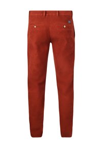 Roestkleurige corduroy broek gezien vanuit de achterkant, met riemlussen, twee knoopzakken aan de achterkant en een klein stoffen merklabel aan de rechterkant.