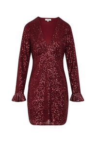 Viininpunainen paljettimekko, jossa on pitkät hihat, syvä V-aukko ja liehukkaat kalvosimet. Kiiltävä, teksturoitu pinta ja vartalonmyötäinen siluetti.