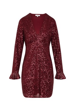 Bordeauxfarvet pailletkjole med lange ærmer, dyb V-hals og udvidede manchetter. Skinnende, struktureret overflade med en tilpasset silhuet.