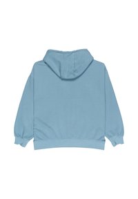 Vue arrière d'un sweat à capuche bleu clair uni avec capuche et manches longues, présenté sur un fond blanc.