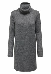 Robe en turtleneck grise en matière tricot douce, dotée de manches longues et d'une coupe décontractée, avec des détails côtelés au col et aux poignets.
