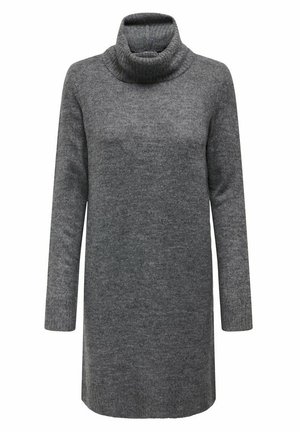 Grå turtleneck kjole laget av mykt strikkemateriale, med lange ermer og avslappet passform, med ribbestrikket hals og mansjettdetaljer.