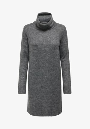 Grå turtleneck kjole laget av mykt strikkemateriale, med lange ermer og avslappet passform, med ribbestrikket hals og mansjettdetaljer.