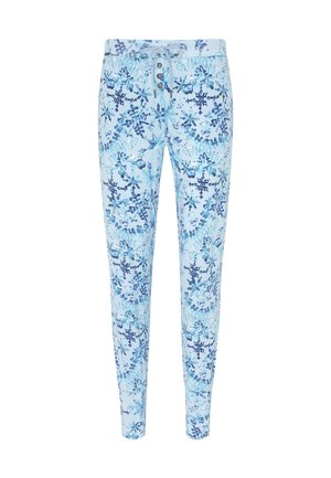 Pantalones de color azul claro con un patrón floral en varios tonos de azul. Cuentan con una cintura con cordón y detalles de botones. Diseño de pierna ajustada.