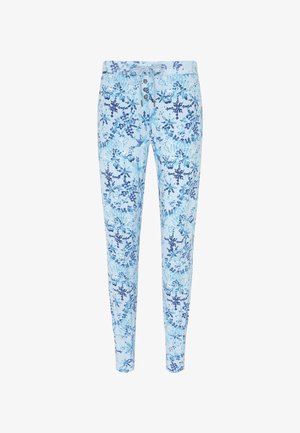 Pantalones de color azul claro con un patrón floral en varios tonos de azul. Cuentan con una cintura con cordón y detalles de botones. Diseño de pierna ajustada.