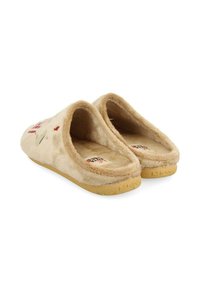 Zapatillas de casa beige y suaves con una textura blanda, que cuentan con un interior acolchado, suela de goma y un diseño floral bordado en los laterales.