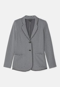 Blazer gris con patrón en espiga, con solapas, dos botones frontales y dos bolsillos. Tejido texturizado con un forro interno suave.